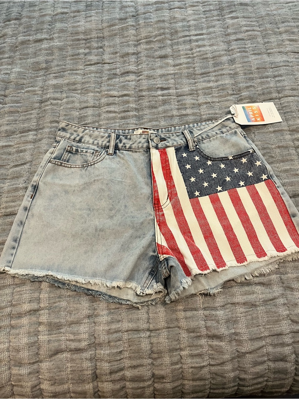 High-Rise Light Blue Denim Shorts with American Flag Panel